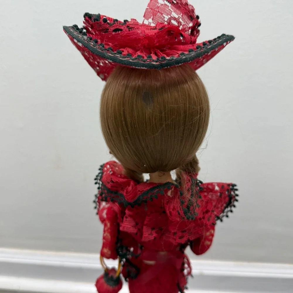 Vintage 1970s Korean Bradley Big Eye Boudoir Doll Red Lace Dress Musical